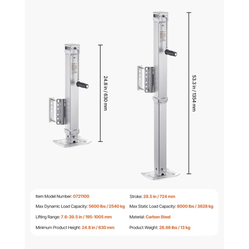 Pulttikiinnitteinen kääntyvä perävaunun tunkki hiiliteräs 3628 kg staattinen kuormankesto 195–1005 mm