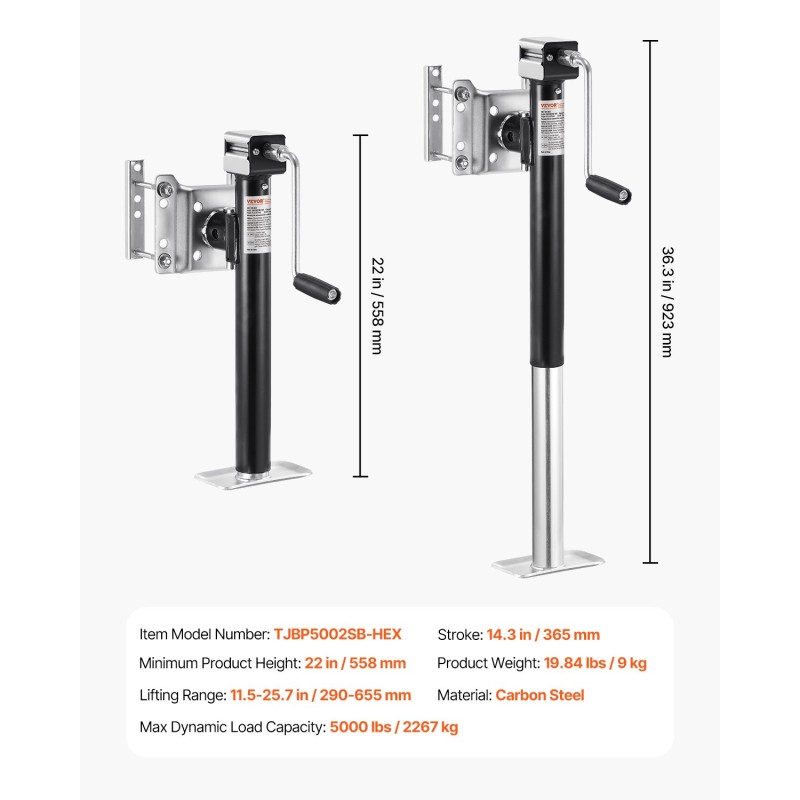 Perävaunun tukitunkki hiiliteräs 2267 kg dynaaminen kantavuus 365 mm iskunpituus kääntyvä pulttikiinnitys