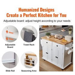 Keittiösaareke massiivipuu ja MDF 90 cm työtaso valkoinen pyörillä