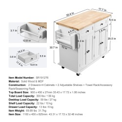 Keittiösaareke massiivipuu ja MDF 90 cm työtaso valkoinen pyörillä