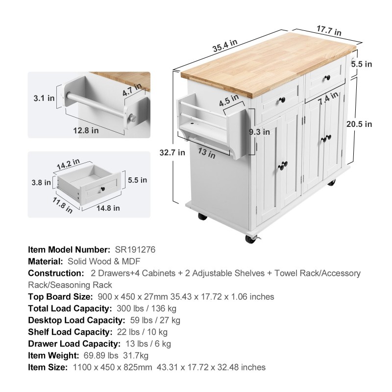 Keittiösaareke massiivipuu ja MDF 90 cm työtaso valkoinen pyörillä