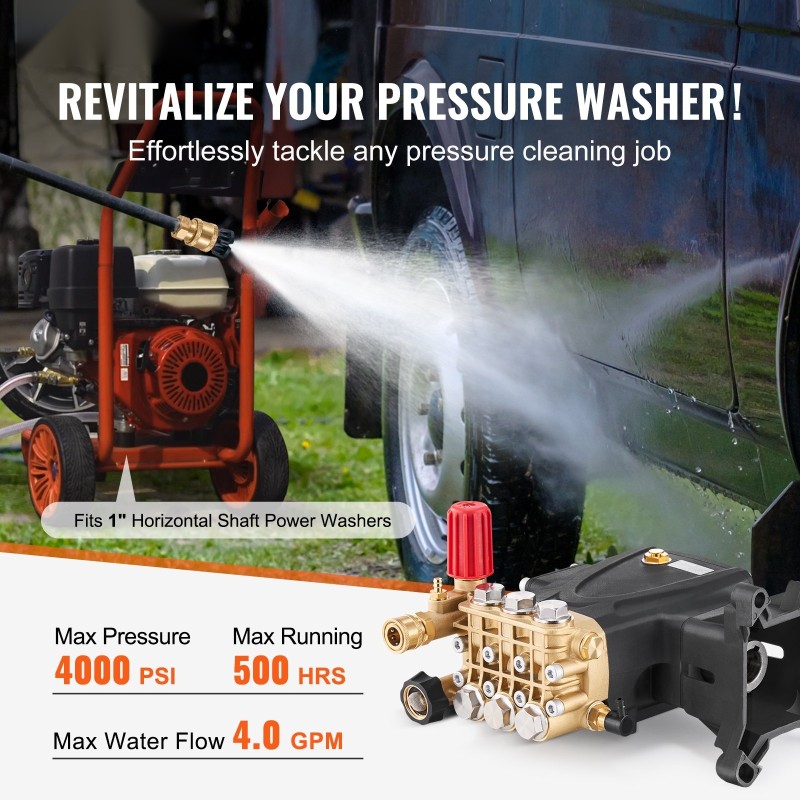 Korkeapainepesurin pumppu vaakasuora kolmimäntäinen 25,4 mm 276 bar 15 l/min