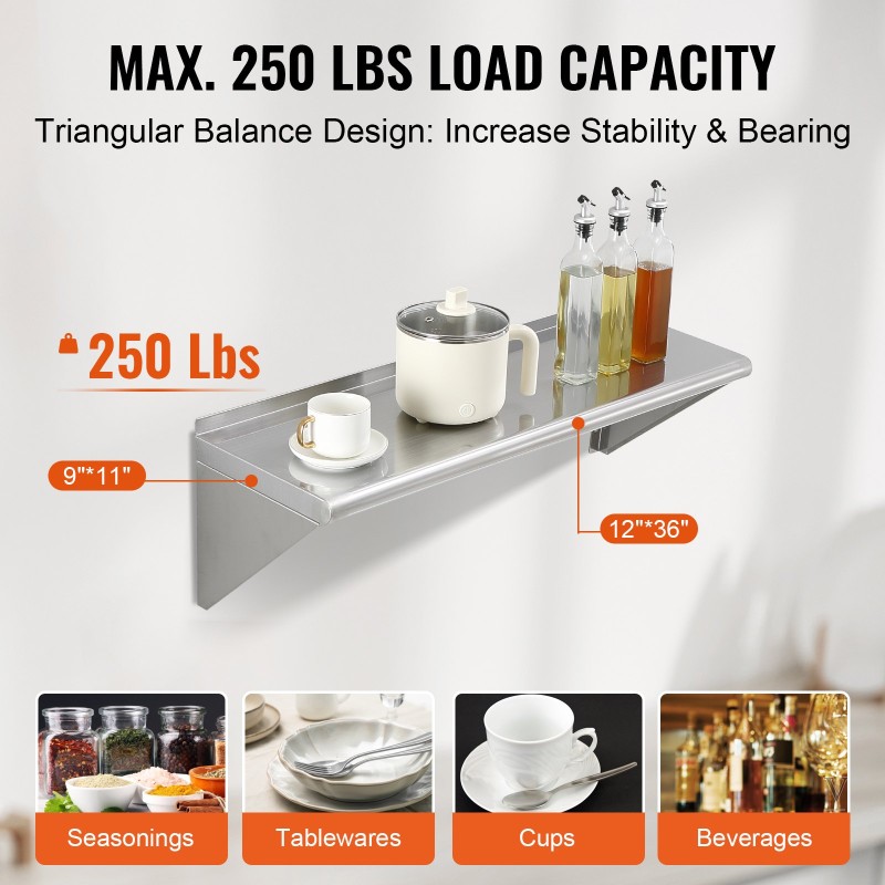 Seinään kiinnitettävä kelluva 430-ruostumaton teräshylly 30,5 cm 91,4 cm 113 kg kantavuus