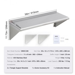 Seinään kiinnitettävä kelluva 430-ruostumaton teräshylly 30,5 cm 91,4 cm 113 kg kantavuus