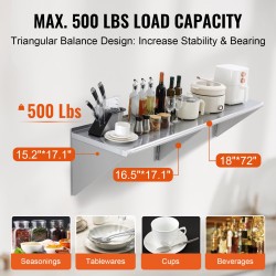 Seinään kiinnitettävä 430-ruostumaton teräshylly 72 x 18 tuumaa kuormankantokyky 226 kilogrammaa