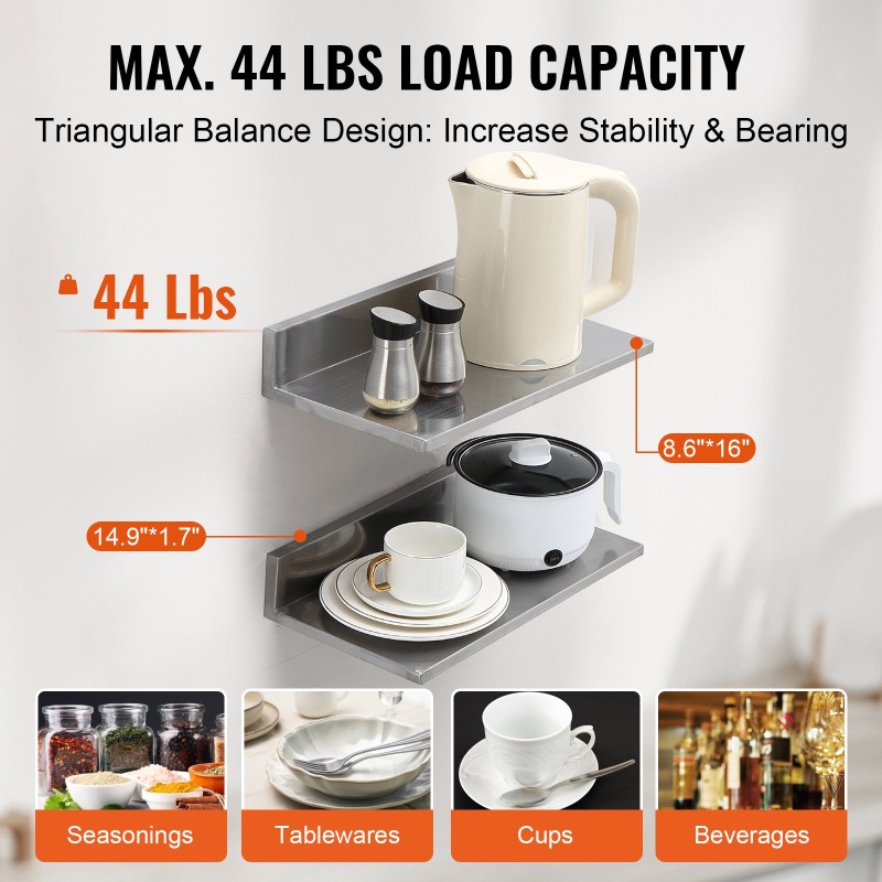 Seinähylly 430-ruostumatonta terästä 406×218×85 mm 20 kg kantava L-mallinen taustalevyllä