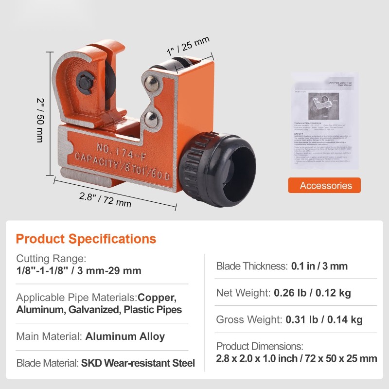 Miniputkileikkuri alumiiniseosrunko 3–29 mm SKD-terä kuparille alumiinille sinkitylle teräkselle ja muoviputkille