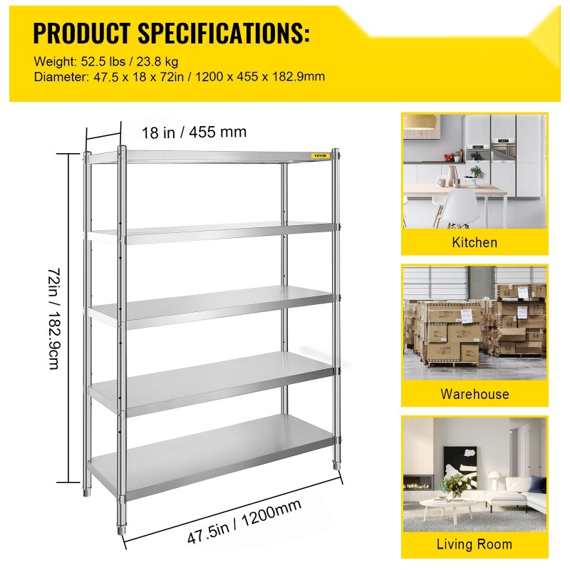 Säilytyshylly ruostumatonta terästä 5 tasoa 1200x455x1830 mm säädettävät jalat