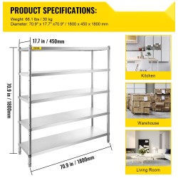 Hylly ruostumattomasta teräksestä 5 tasoa 180 x 45 x 180 cm