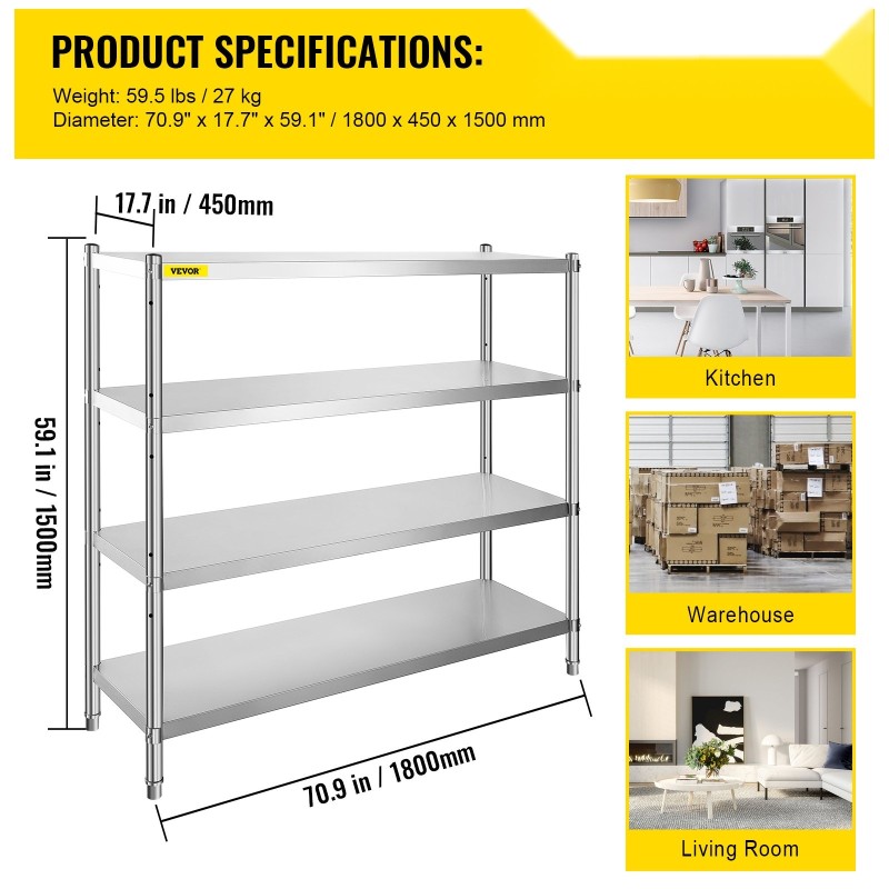 Ruostumaton 4-tasoinen teräshylly säädettävillä tasoilla 1800 x 450 x 1500 mm