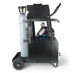 Kaksitasoinen hitsausvaunu lukittavalla kaapilla ja kaksi kaasupullopaikkaa