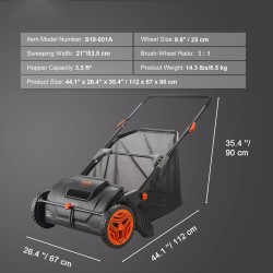 Työnnettävä nurmikkoharava 53,5 cm työleveys 99 l nylon keräyspussi 2 harjaa