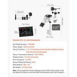 Langaton 7-toiminen sääasema sisäyksikkö 190,5 mm VA näyttö aurinkokennolla ja IPX6 ulkoanturi