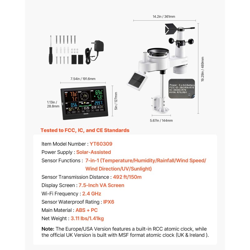 Langaton 7-toiminen sääasema sisäyksikkö 190,5 mm VA näyttö aurinkokennolla ja IPX6 ulkoanturi