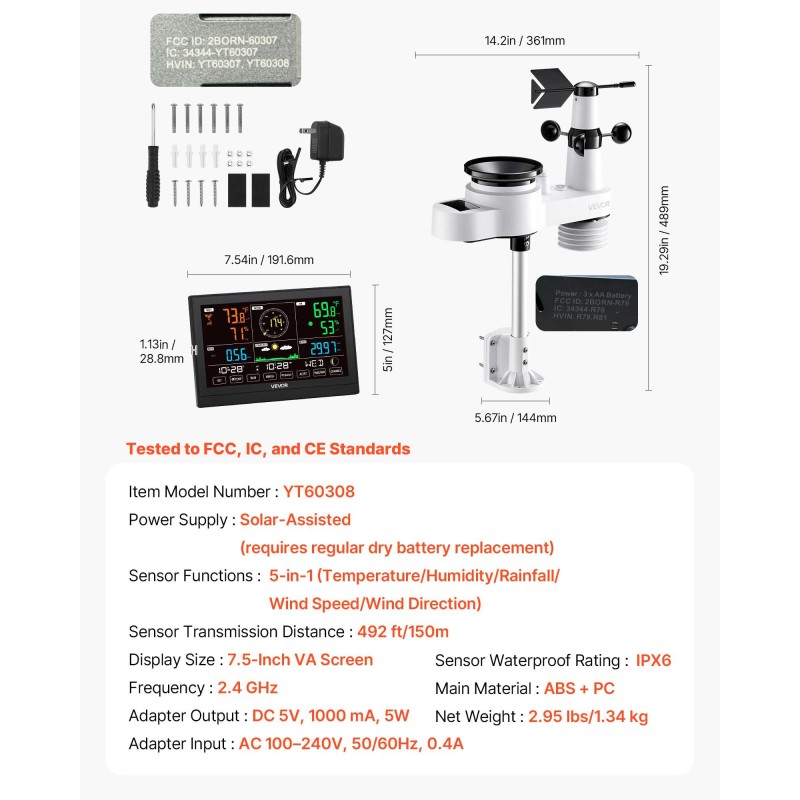 Langaton 5-toiminen sääasema 7,5 tuuman VA-näytöllä aurinkoavusteisella ulkoanturilla