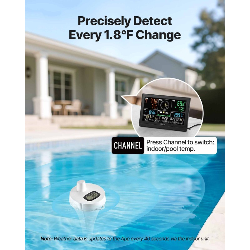 Sääasema 7-toimintoinen ulkoanturi aurinkokennolla Wi-Fi-sovellustuki 190,5 mm näyttö allaslämpömittari