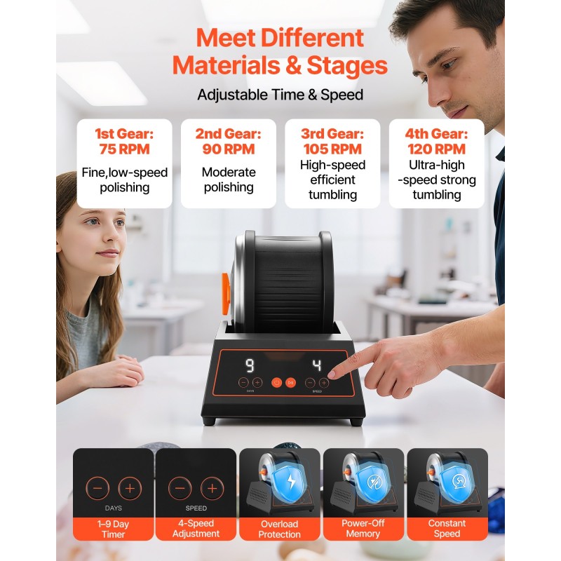 Kivirumpu suurikapasiteettisella rummulla 1–4 nopeusasetusta hiljainen ylikuormitussuojalla virrankatkaisumuistilla kotikäyttöön