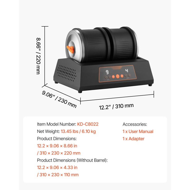 Kivihiojasetti 8 paunan kapasiteetilla tuplarummuilla 1–4 nopeusasetuksella 35 desibelin melutaso