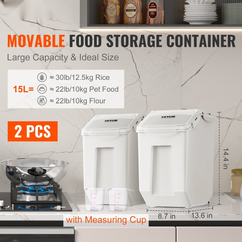 Säilytysastiat 2 kpl 15 l elintarvikekelpoinen PP-muovi ilmatiiviisillä kansilla pyörillä