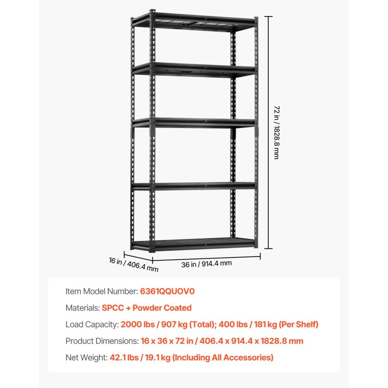Säilytyshylly jauhepinnoitettu metallinen 5 tasoa säädettävä 1829 mm 907 kg