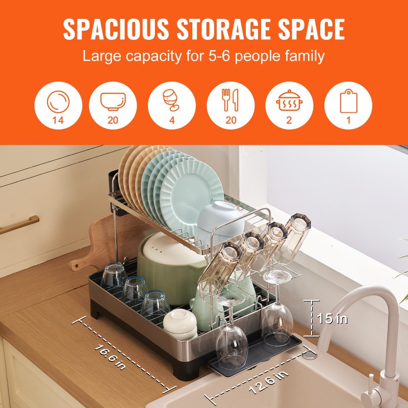 Astioiden kuivausteline kaksitasoinen ruostumaton teräs valuma-altaalla ja aterintelineellä tiskialtaan yläpuolelle