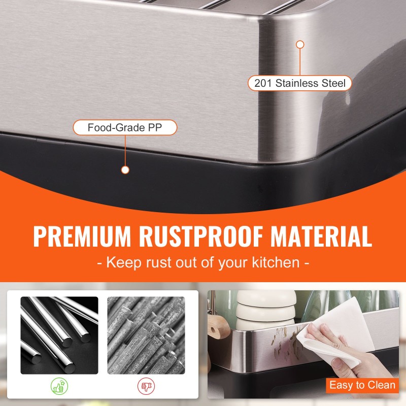 Astioiden kuivausteline kaksitasoinen ruostumaton teräs valuma-altaalla ja aterintelineellä tiskialtaan yläpuolelle