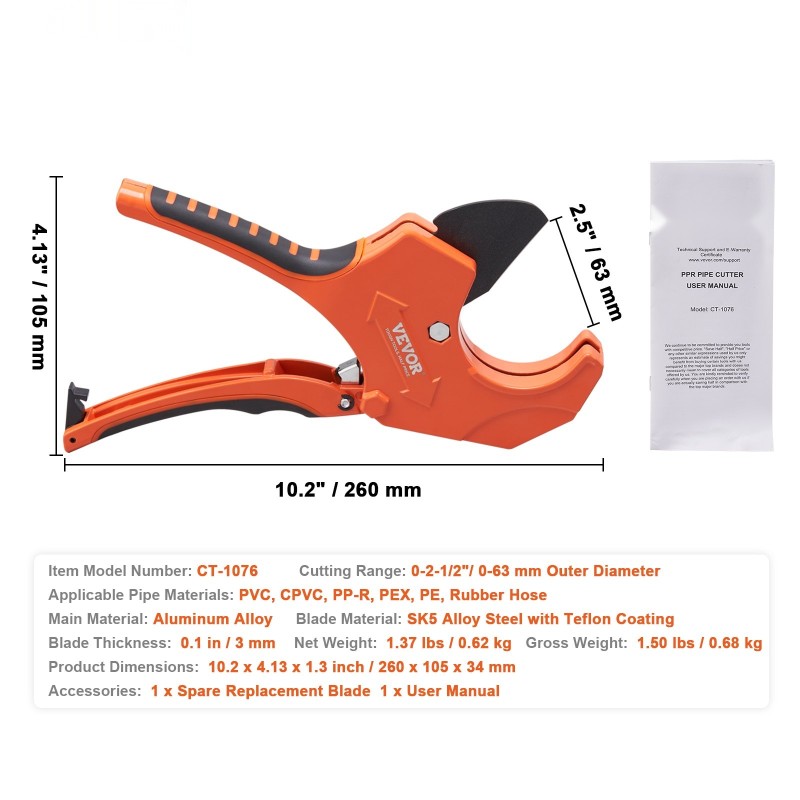 PVC-putkileikkuri 0-63 mm räikkätoiminen SK5-terä alumiinirunko varaterä mukana