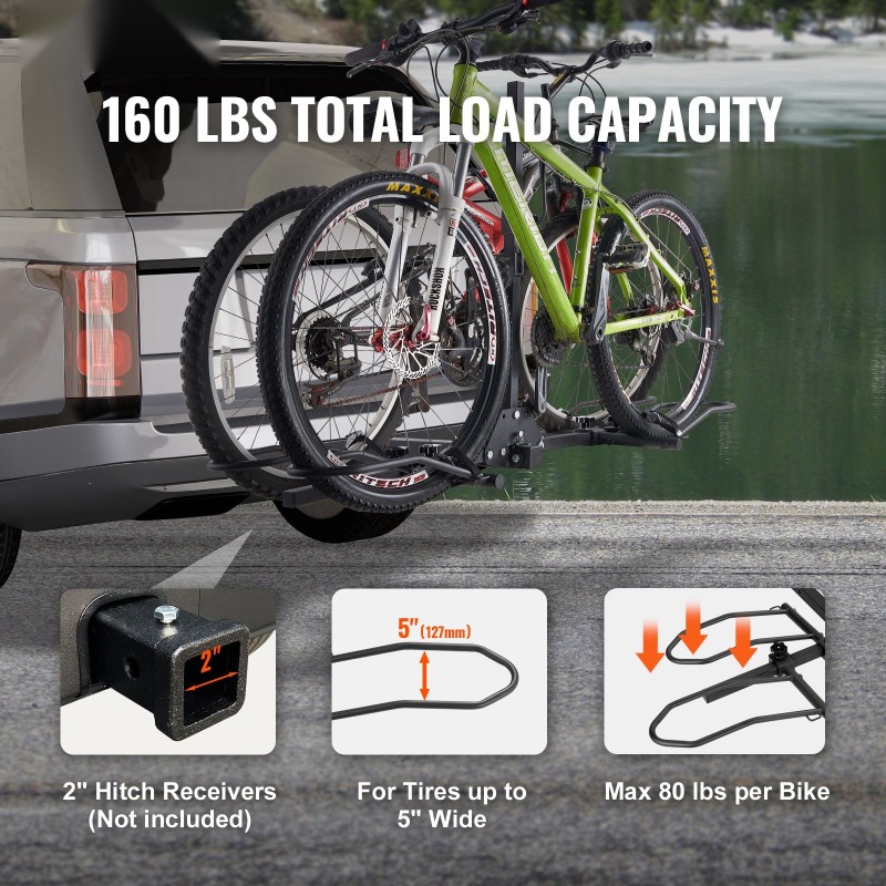 Vetokoukkuun kiinnitettävä alustamallinen pyöräteline kahdelle pyörälle kallistuva ja taittuva