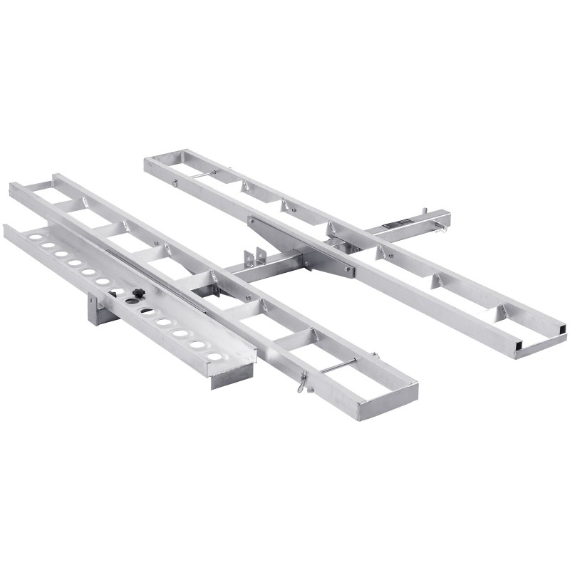 Moottoripyöräteline alumiininen kahdelle pyörälle kahden tuuman vetokoukun vastaanottimelle itsesäilyttävällä rampilla