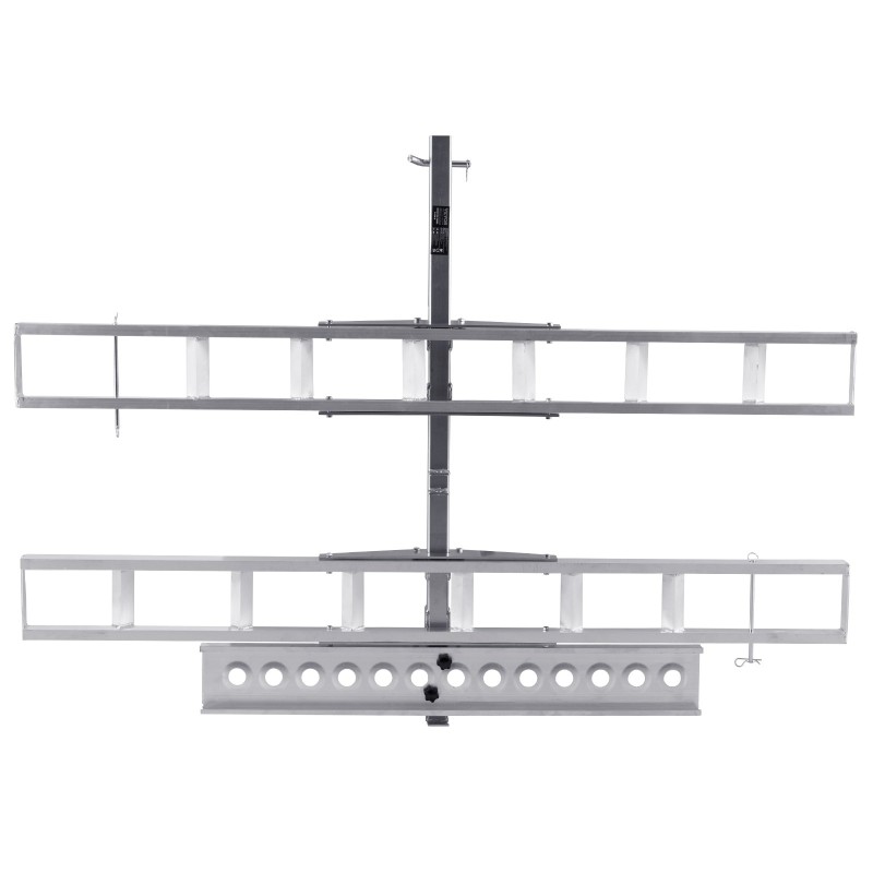 Moottoripyöräteline alumiininen kahdelle pyörälle kahden tuuman vetokoukun vastaanottimelle itsesäilyttävällä rampilla