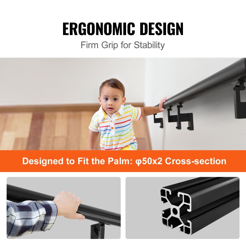 Seinäkiinnitteinen alumiiniseosinen käsijohde portaisiin 3658 mm 50x2 mm jauhemaalattu musta