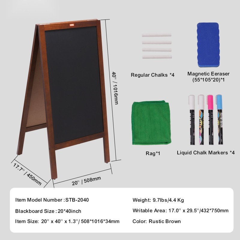 Magneettinen liitutaulu 20x40 tuumaa massiivipuinen kirjoituspinta rustiikin ruskea taitettava puurunko