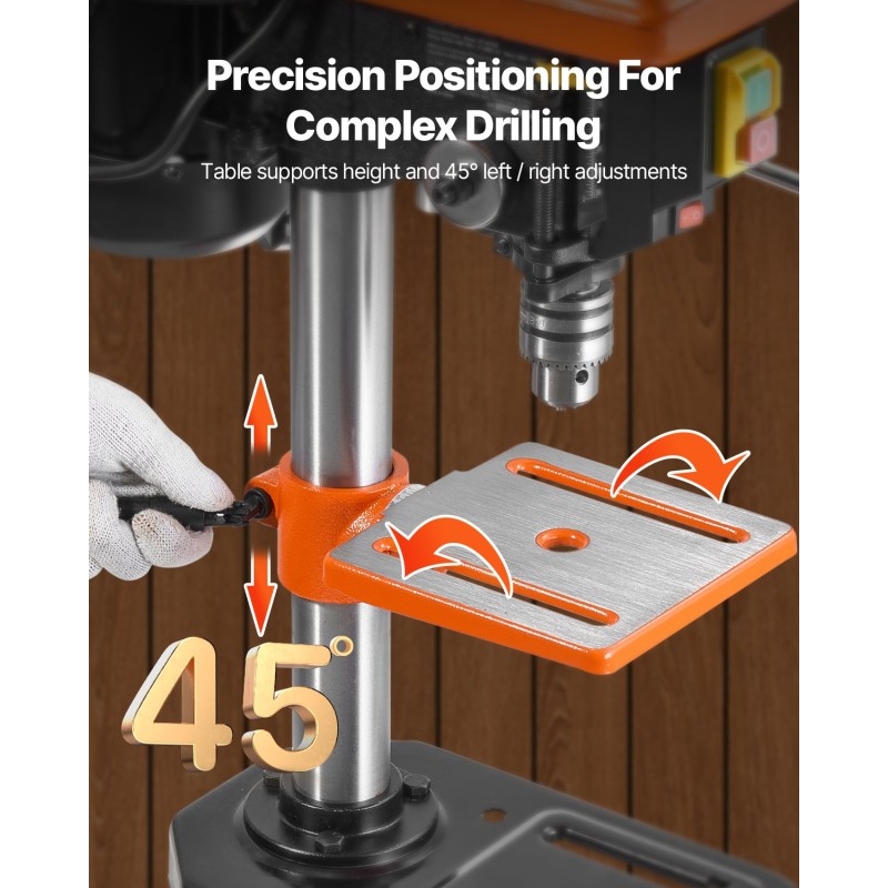 Pöytämallinen 8-tuumainen 500W 5-portainen pylväsporakone 0–45° kallistettava työpöytä puu ja metalli