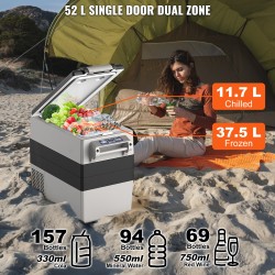 Kompressorikäyttöinen autokylmälaukku 52 l kaksivyöhykkeinen toimii 12/24 V ja 100–240 V verkkojännitteellä