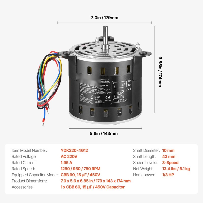 Puhallinmoottori metallirunko 1/3 HP 220V 3-nopeuksinen 10x20 mm akseli mukana kondensaattori