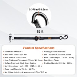 Räikkäkuormaliinat polyesteri 25 mm 4,6 m 4 kappaletta murtolujuus 998 kg