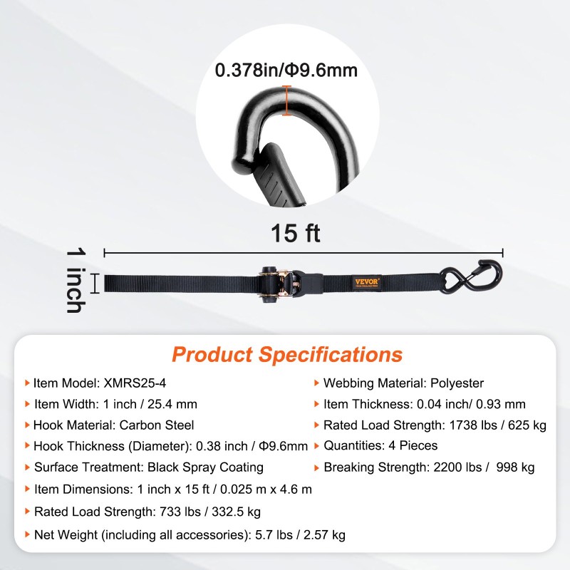 Räikkäkuormaliinat polyesteri 25 mm 4,6 m 4 kappaletta murtolujuus 998 kg