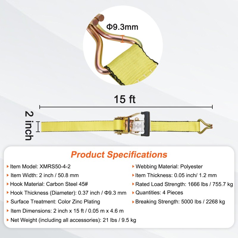 Räikkäkiristysliinat 4 kpl polyesteri 50 mm 4,6 m 2268 kg murtolujuus