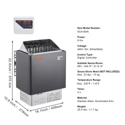 Sähkökiuas 8 kW seinään asennettava digitaalinen ohjain 3 tunnin ajastin 8–12 m³