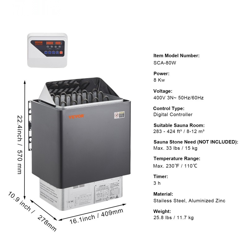 Sähkökiuas 8 kW seinään asennettava digitaalinen ohjain 3 tunnin ajastin 8–12 m³