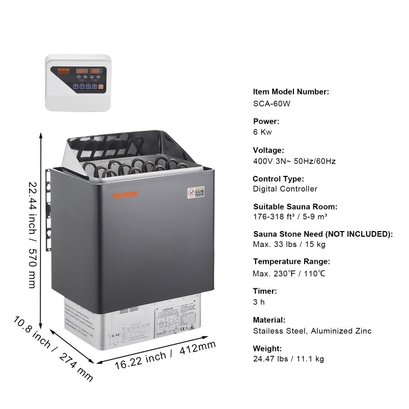 Sähkökiuas 6,2 kilowattia seinäkiinnitys 5–9 m³ saunahuoneisiin digitaalinen ohjain 3 tunnin ajastin