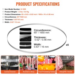 Vannesahanterät hiiliterästä 5 kpl 1650x16x0,56 mm lihalle ja luille