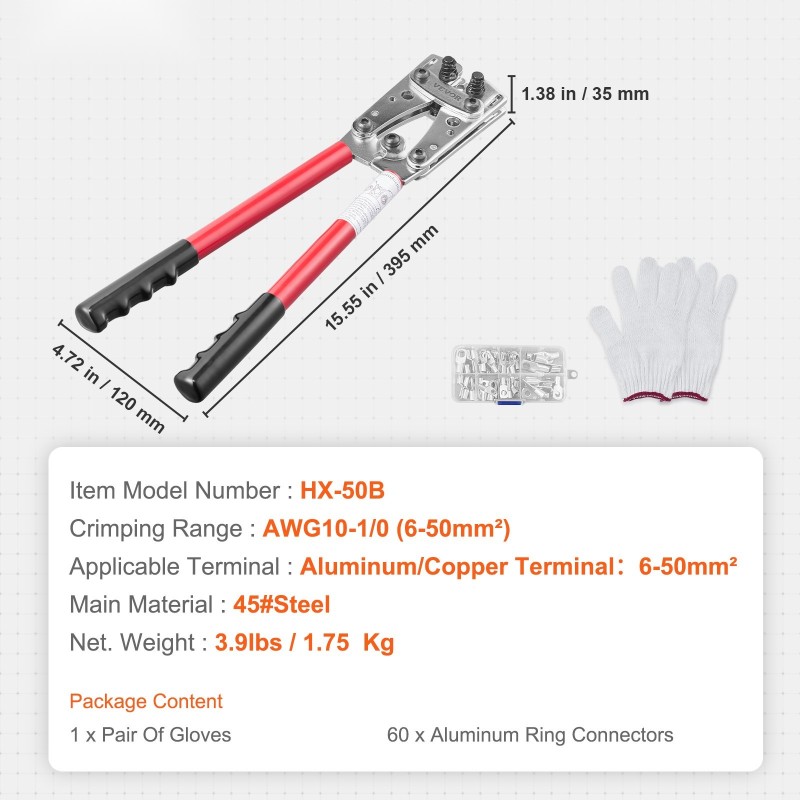 Kaapelikenkäpuristin karkaistu teräsrunko viputoiminen kahva 6–50 mm² puristusalue 60 kpl alumiinirenkaita