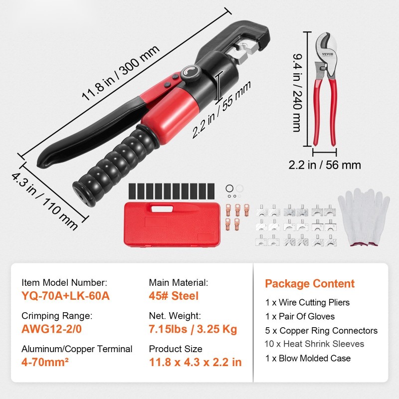 Hydraulinen kaapelikrimpperi 4–70 mm² 9 leukaparia kupari alumiini