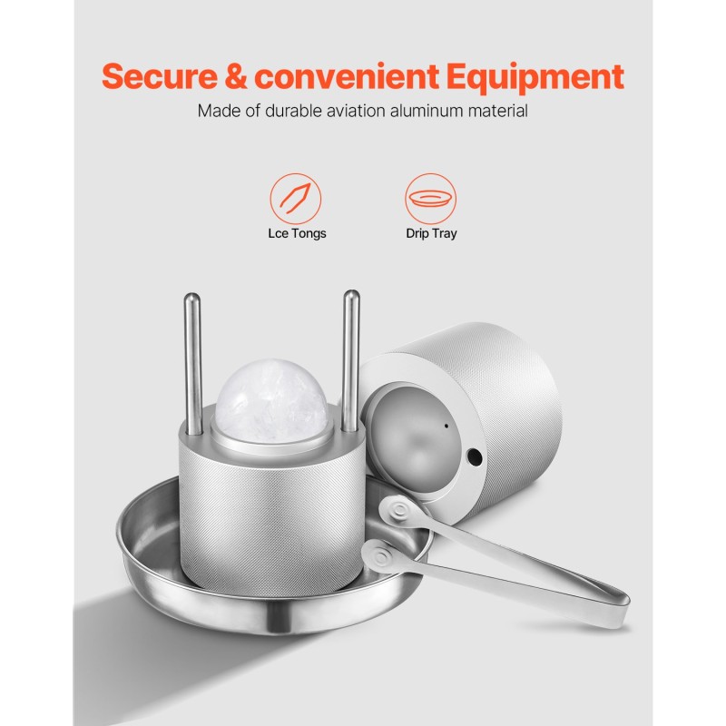 Jääpalloprässi ilmailualumiinia 53 mm pihdeillä ja tippa-astialla viskille ja cocktaileille