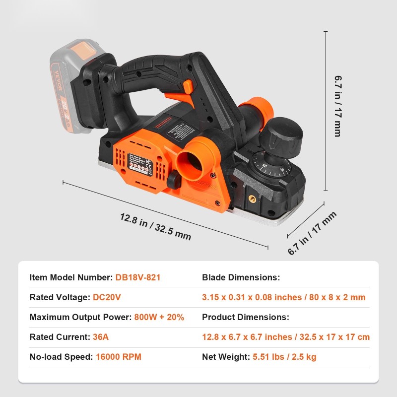 Johdoton käsihöylä 82,6 mm höyläysleveys 2 mm höyläyssyvyys korkeakovuiset terät kaksisuuntainen purunpoisto