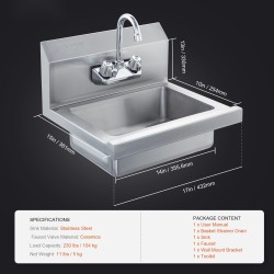 Käsienpesuallas ruostumatonta terästä seinäasennettava 432x381x330 mm kääntyvällä hanalla