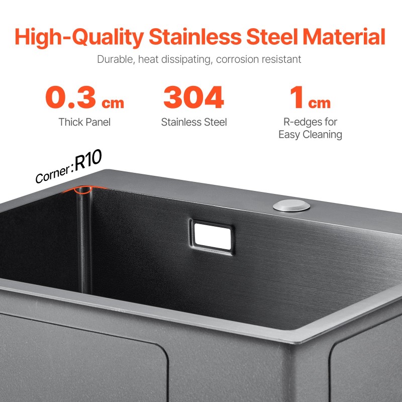 Keittiöallas päältä asennettava 304 ruostumaton teräs 68x45 cm yksiallas musta