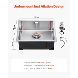 Keittiöallas 304 ruostumaton teräs 50x43 cm yksiallas syvyys 19 cm keittiöön