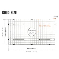 Altaan suojaritilä 304-ruostumatonta terästä 725x395 mm kumijaloilla keskellä oleva viemäriaukko R20 kulmasäteellä